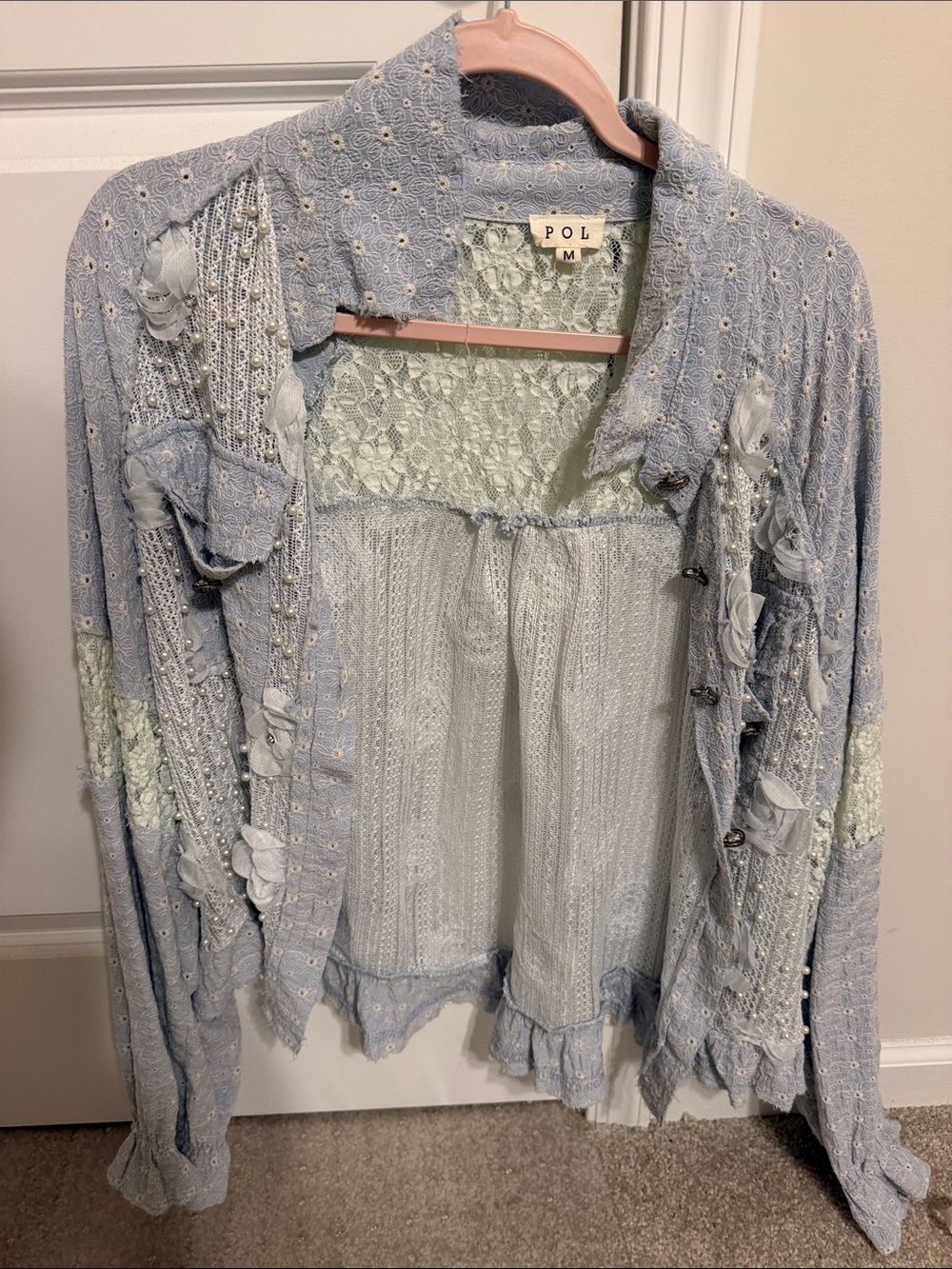 POL Light Blue Lace & Floral Appliqué Women's Cardigan